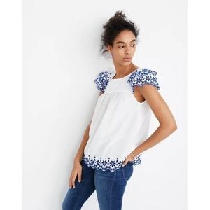 Madewell White Blouse with Blue Floral Embroidered Sleeves